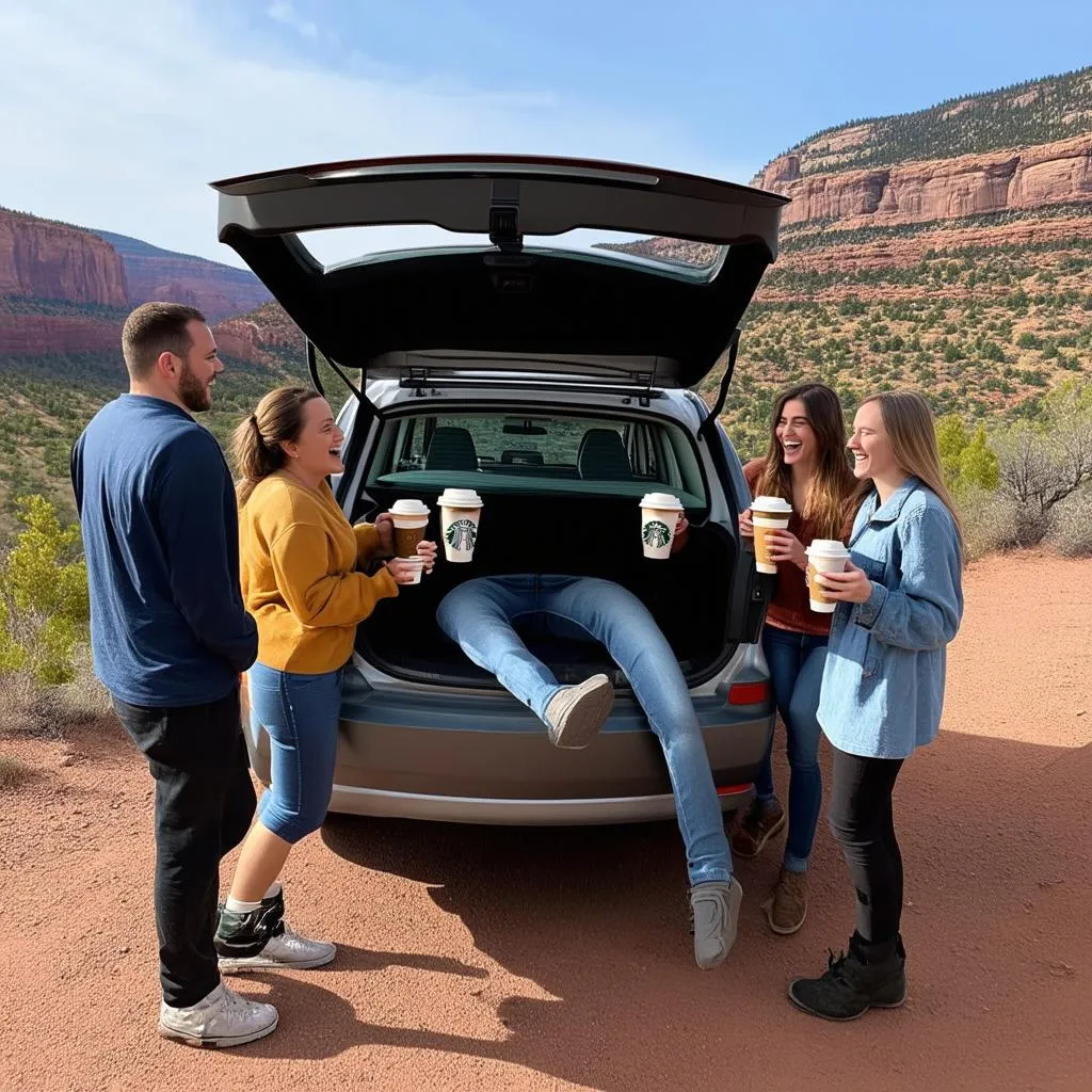 Friends enjoying Starbucks Traveler on a road trip